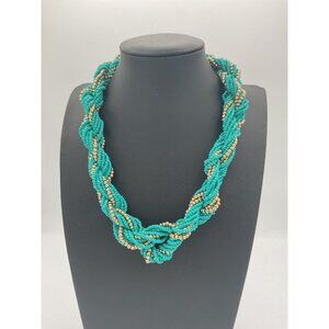 Turquoise & Gold Beaded Braided Necklace Adjustable Length